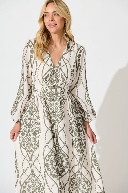 Erica Midi Shirt Dress in Cream with Green Linen Blend