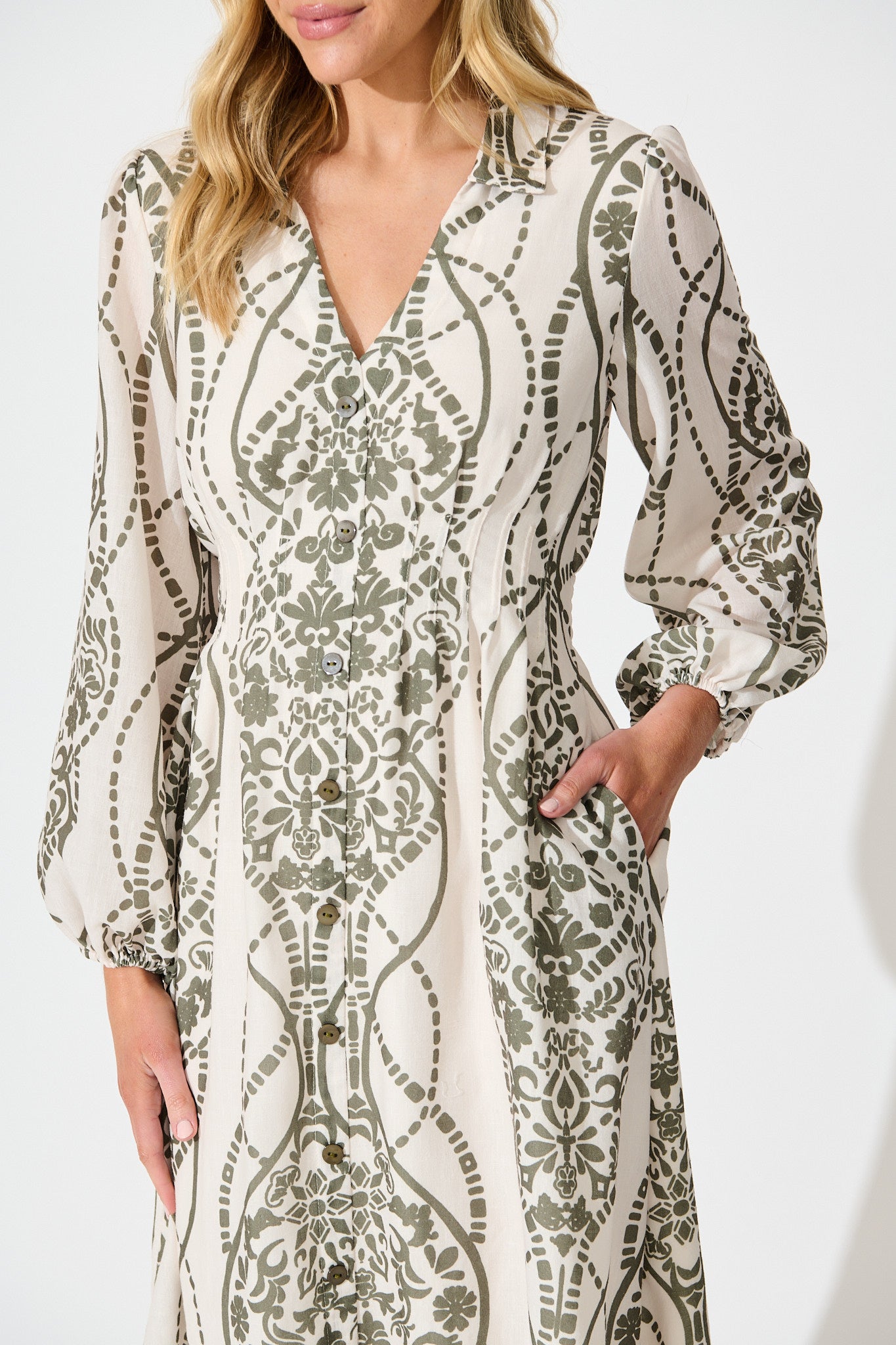Erica Midi Shirt Dress in Cream with Green Linen Blend