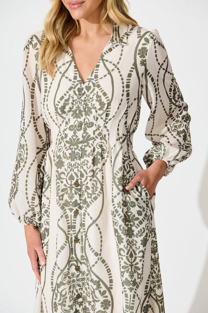 Erica Midi Shirt Dress in Cream with Green Linen Blend