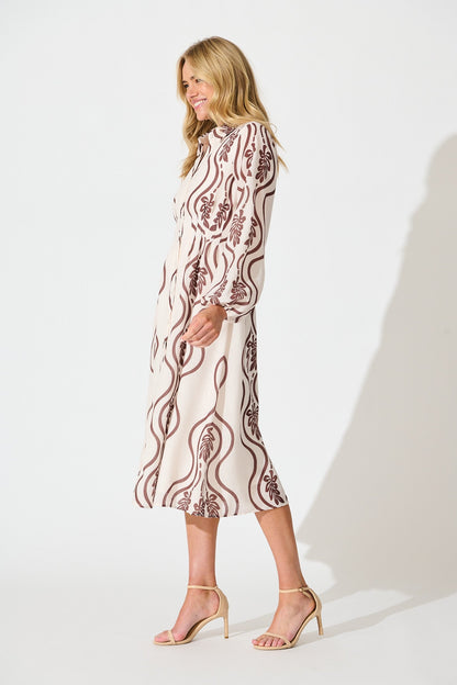 Nola Midi Shirt Dress in Cream with Brown Print Linen Blend