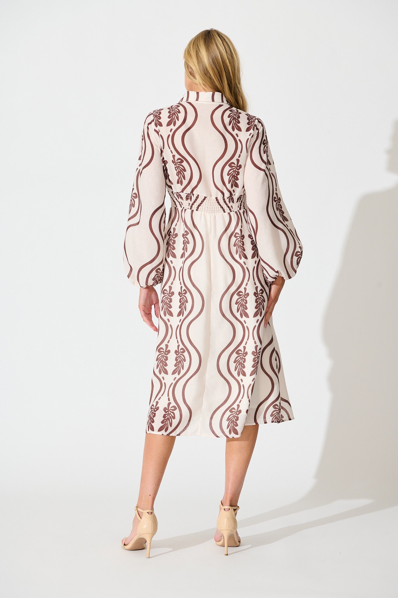 Nola Midi Shirt Dress in Cream with Brown Print Linen Blend