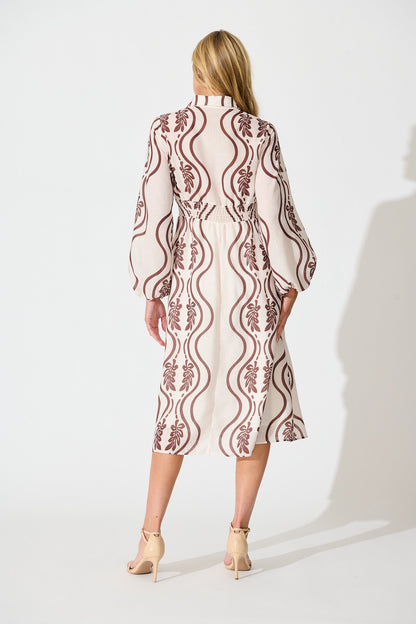 Nola Midi Shirt Dress in Cream with Brown Print Linen Blend