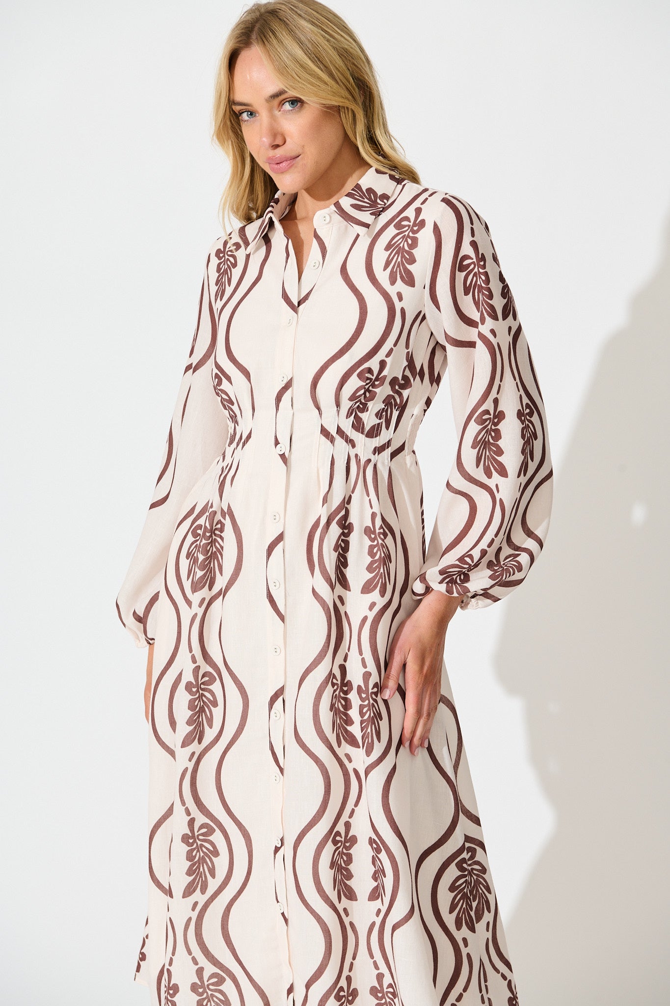 Nola Midi Shirt Dress in Cream with Brown Print Linen Blend