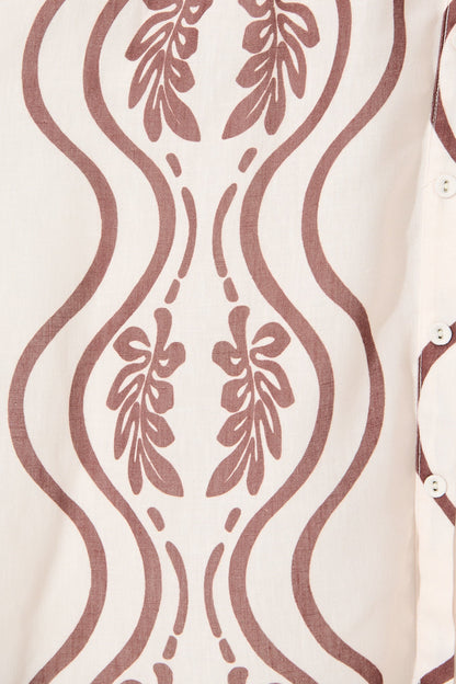Nola Midi Shirt Dress in Cream with Brown Print Linen Blend
