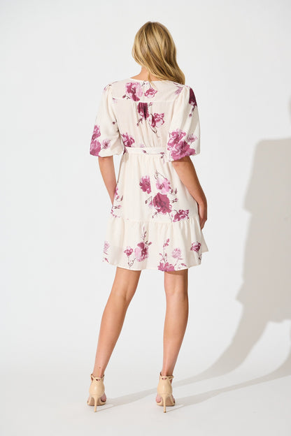 Nadette Dress in Cream with Purple Floral Linen Blend