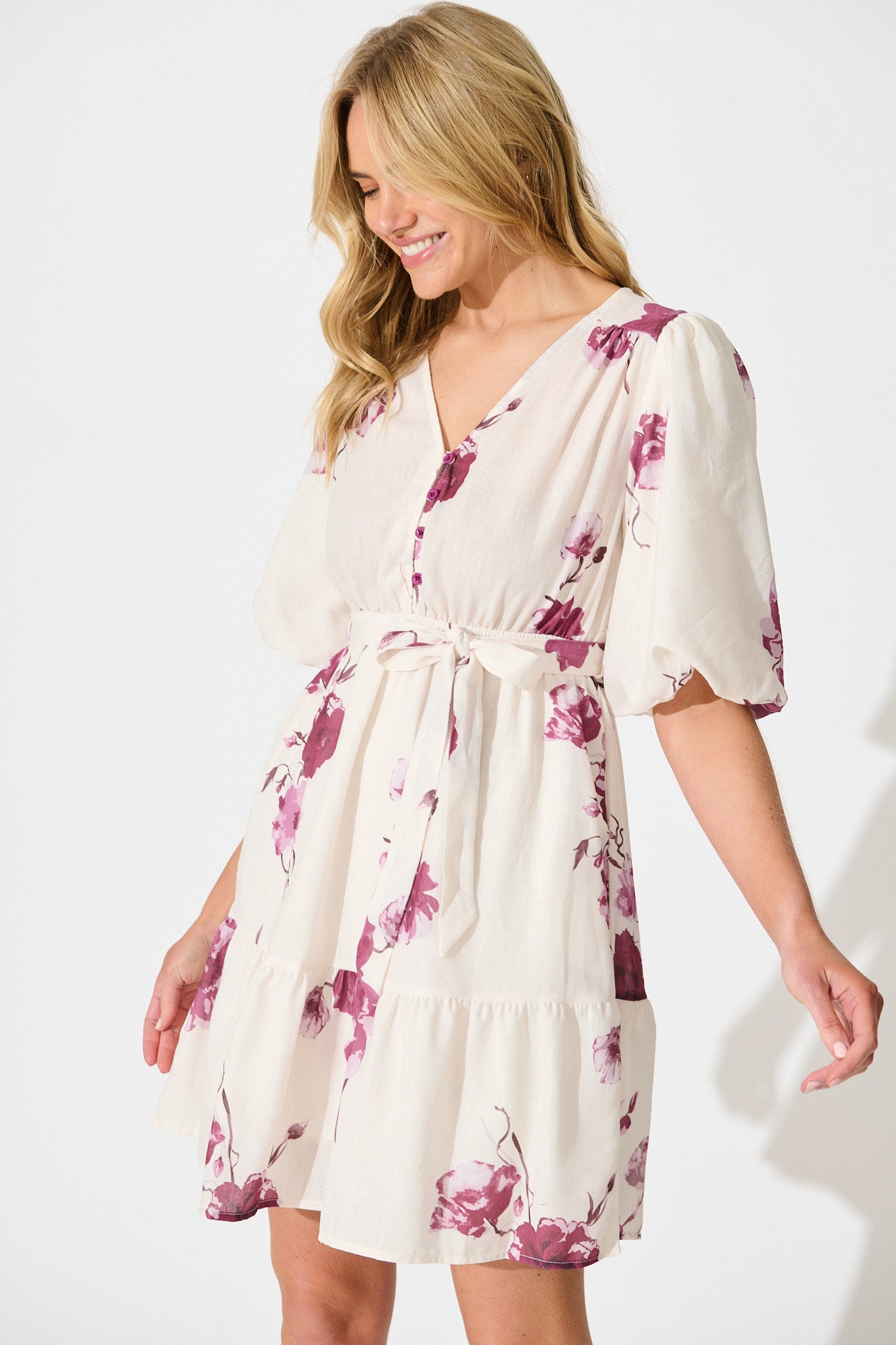 Nadette Dress in Cream with Purple Floral Linen Blend