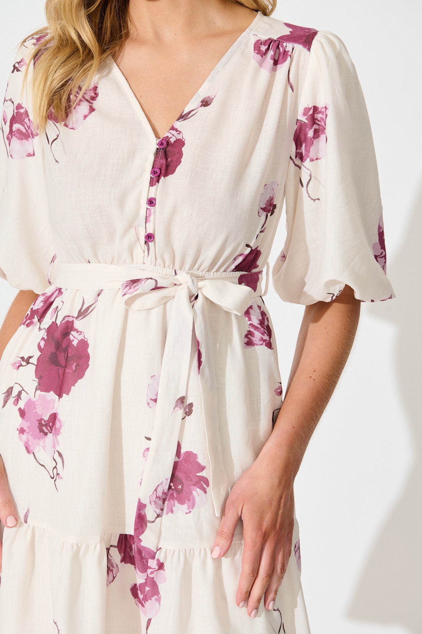 Nadette Dress in Cream with Purple Floral Linen Blend