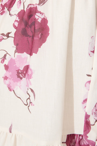 Nadette Dress in Cream with Purple Floral Linen Blend