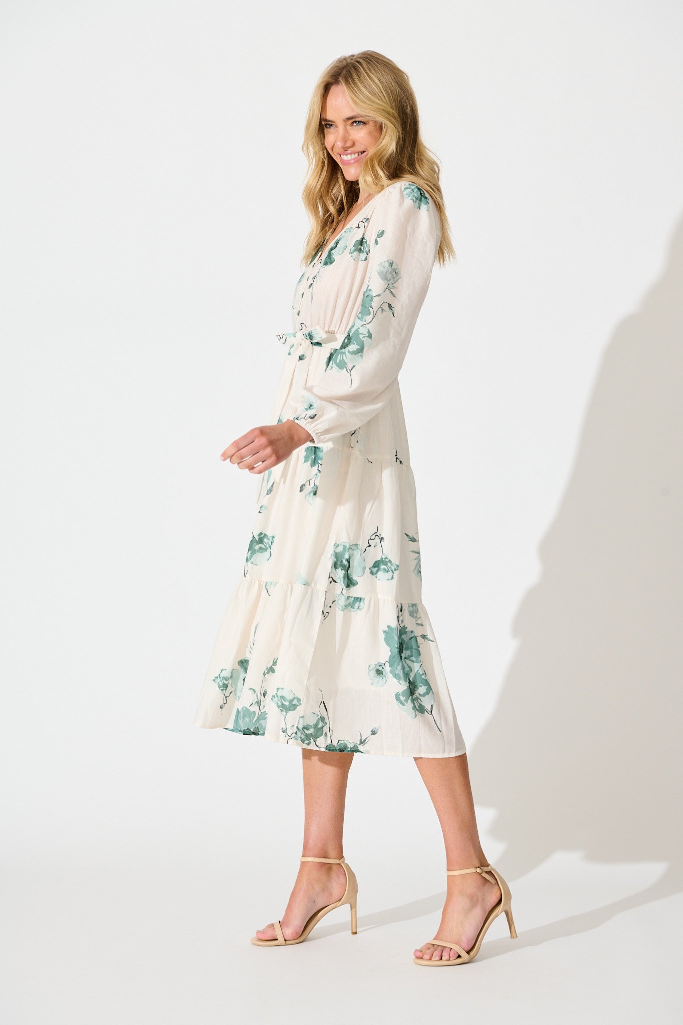 Carley Midi Dress in Cream with Green Floral Linen Blend