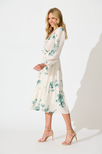 Carley Midi Dress in Cream with Green Floral Linen Blend