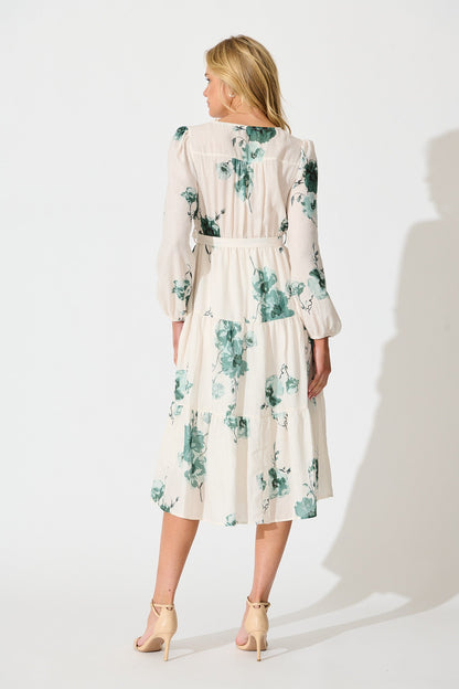 Carley Midi Dress in Cream with Green Floral Linen Blend