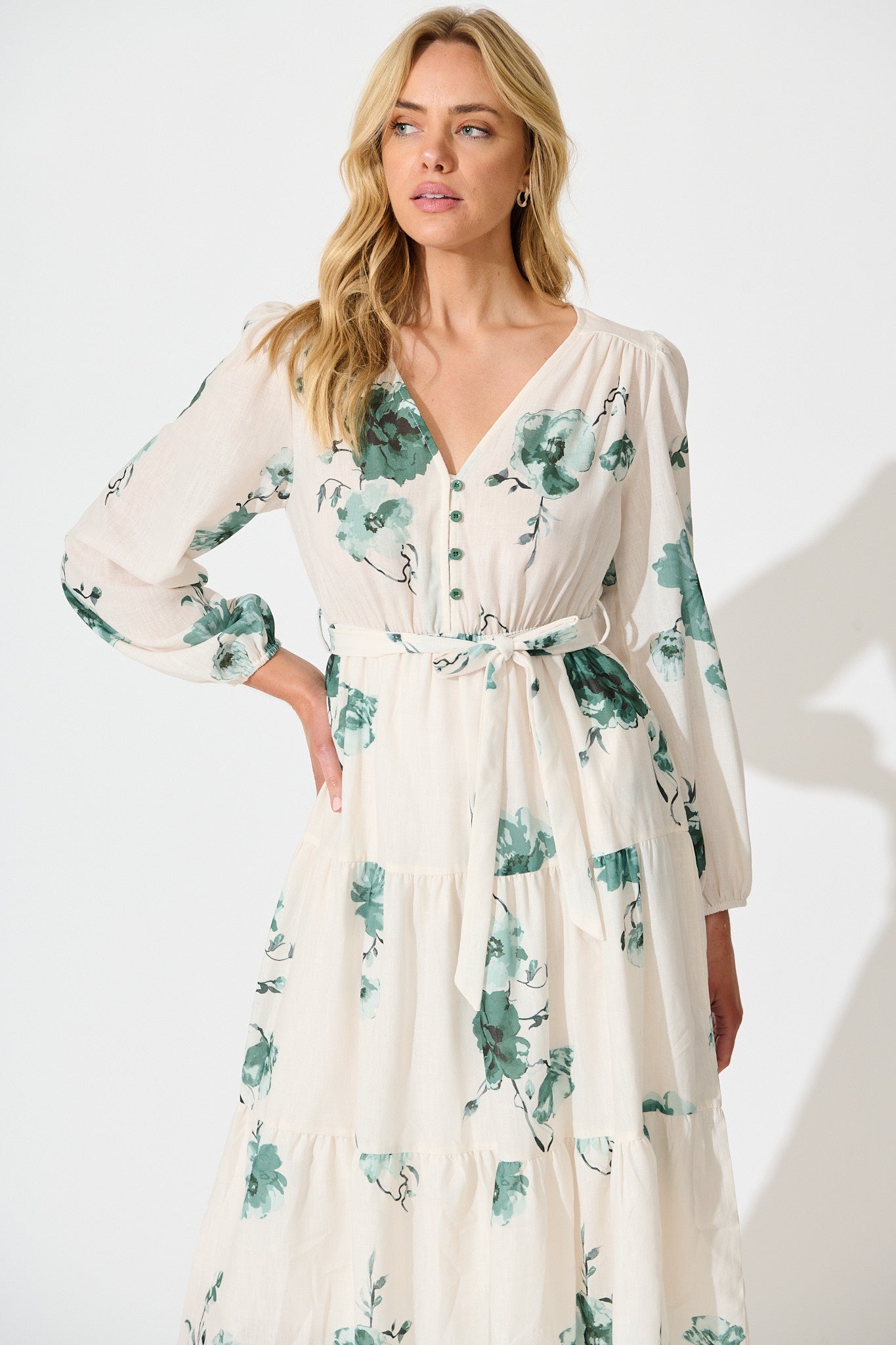 Carley Midi Dress in Cream with Green Floral Linen Blend
