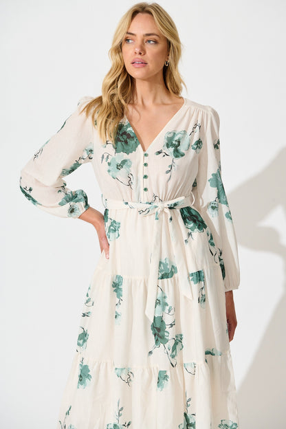 Carley Midi Dress in Cream with Green Floral Linen Blend