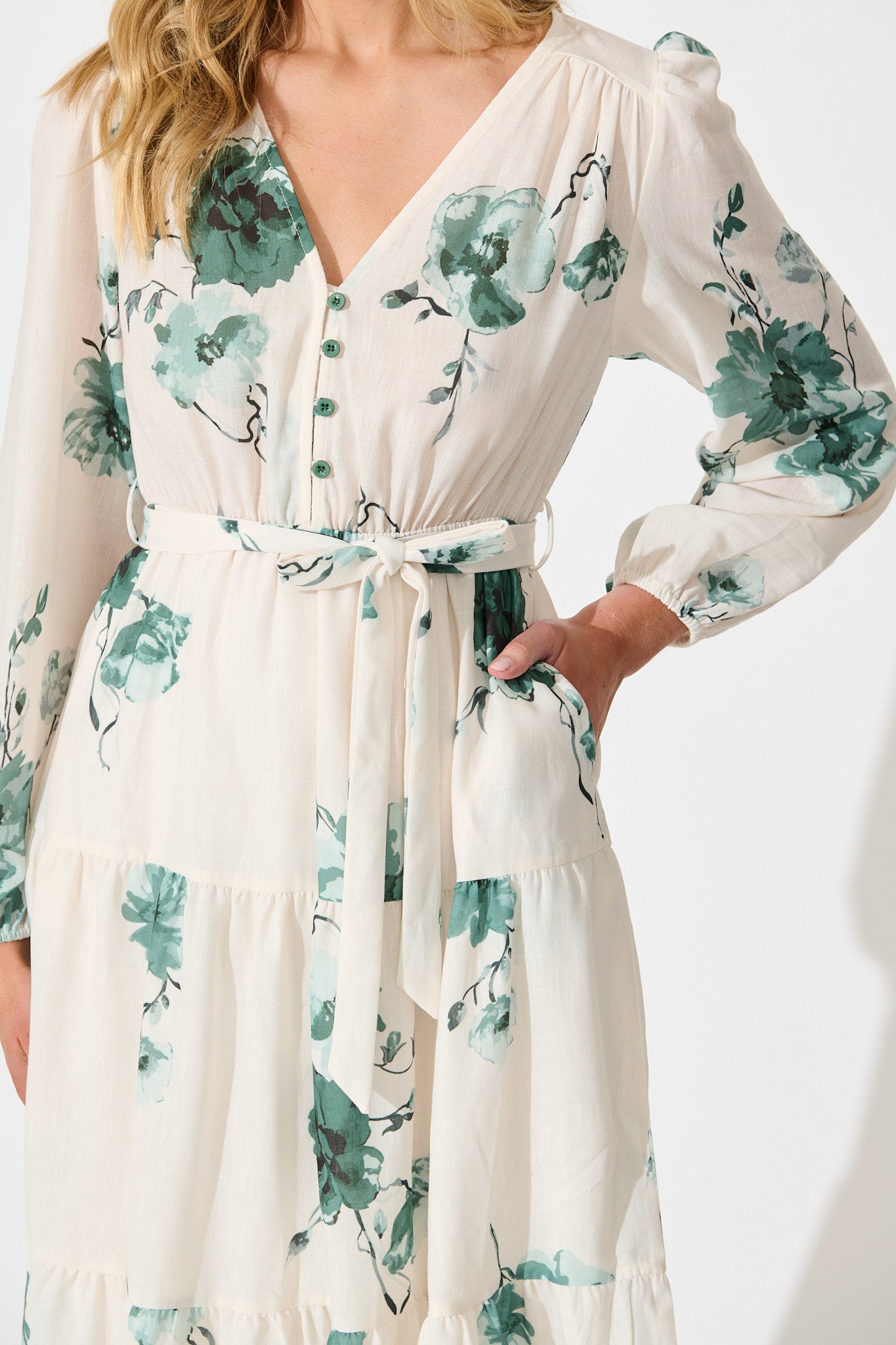 Carley Midi Dress in Cream with Green Floral Linen Blend