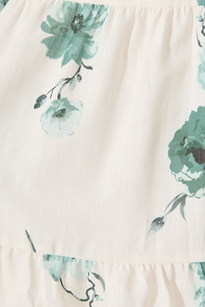 Carley Midi Dress in Cream with Green Floral Linen Blend