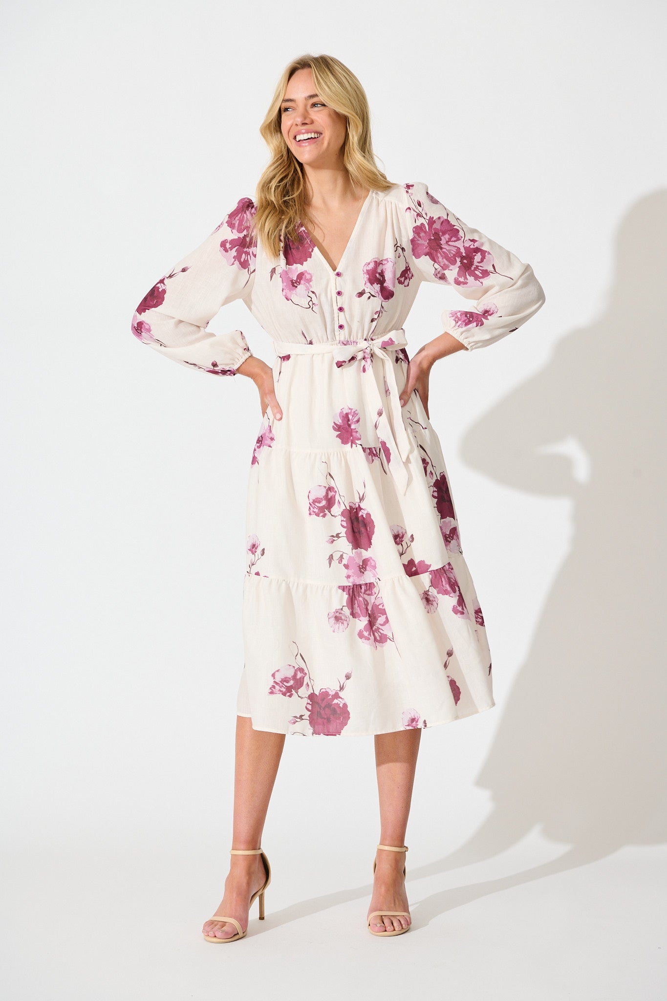 Carley Midi Dress in Cream with Purple Floral Linen Blend