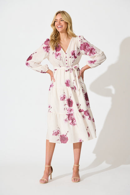 Carley Midi Dress in Cream with Purple Floral Linen Blend