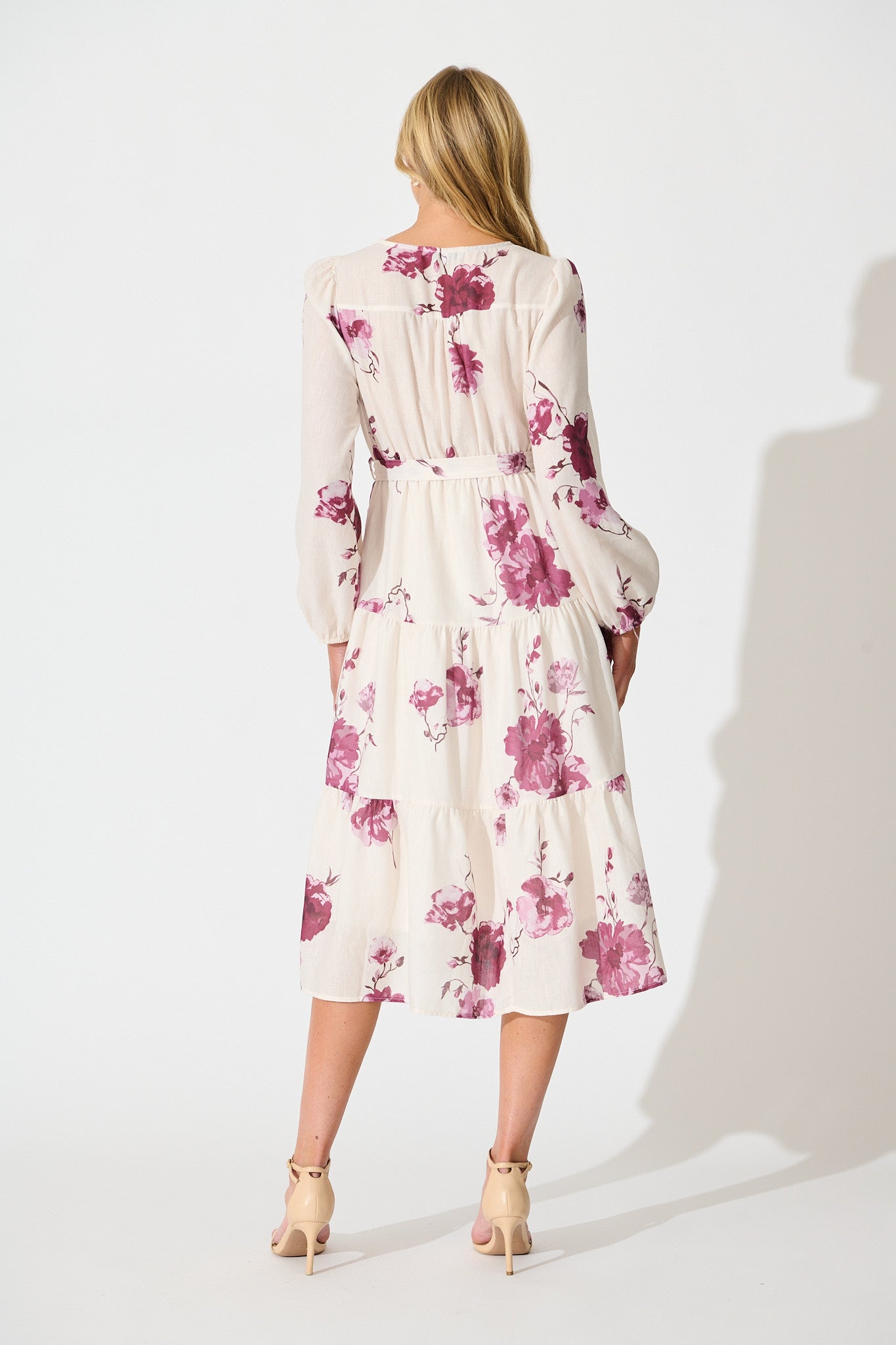 Carley Midi Dress in Cream with Purple Floral Linen Blend