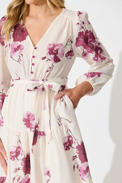 Carley Midi Dress in Cream with Purple Floral Linen Blend