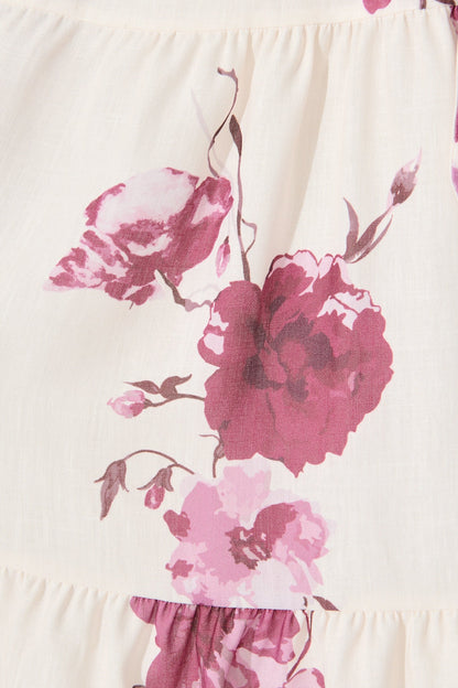 Carley Midi Dress in Cream with Purple Floral Linen Blend