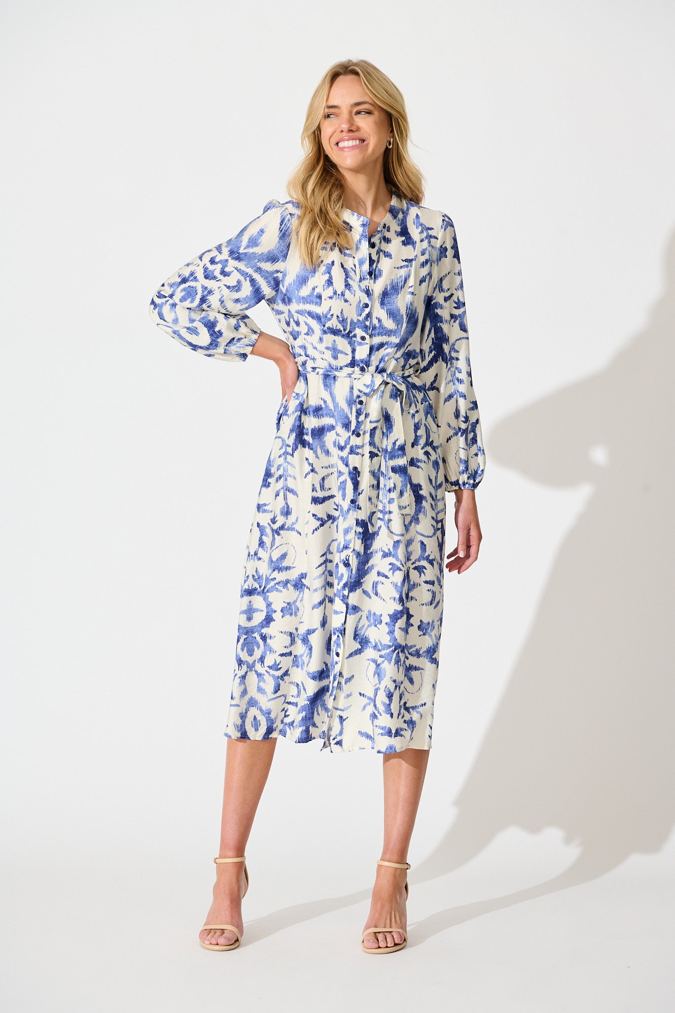 Marnie Midi Dress in White and Blue Print