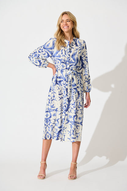 Marnie Midi Dress in White and Blue Print