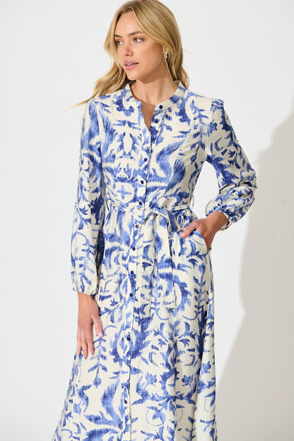 Marnie Midi Dress in White and Blue Print