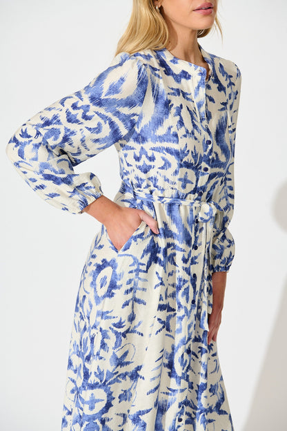 Marnie Midi Dress in White and Blue Print