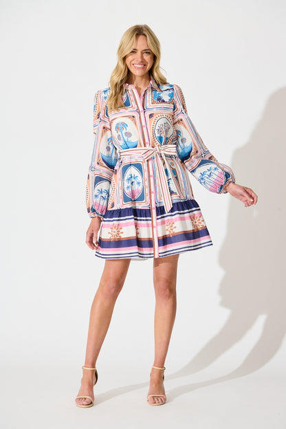 Haisley Shirt Dress in Multi Tile Print Linen Blend