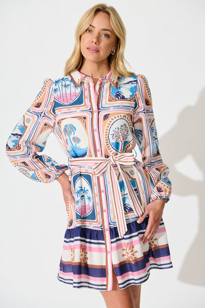 Haisley Shirt Dress in Multi Tile Print Linen Blend