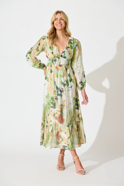 So Devine Midi Dress in Multi Green Cotton Blend