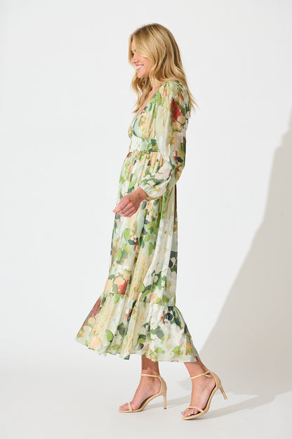 So Devine Midi Dress in Multi Green Cotton Blend