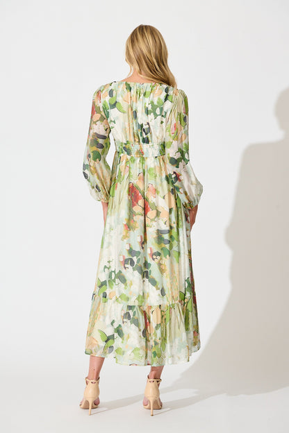 So Devine Midi Dress in Multi Green Cotton Blend