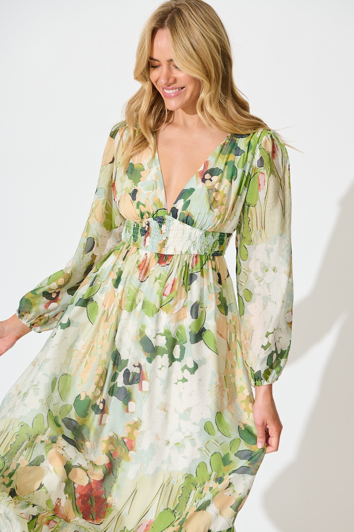 So Devine Midi Dress in Multi Green Cotton Blend