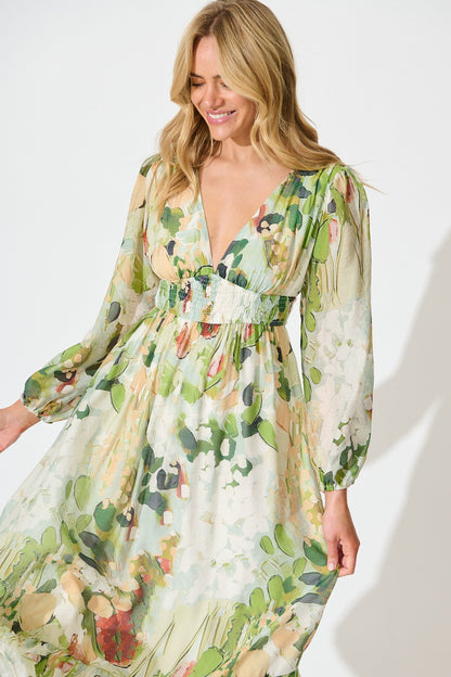 So Devine Midi Dress in Multi Green Cotton Blend