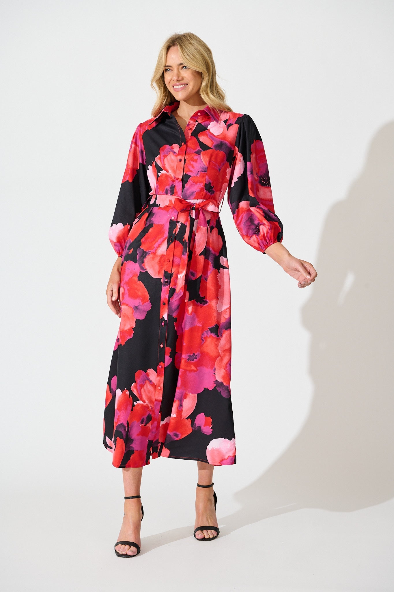 Gabi Maxi Shirt Dress In Black with Berry Watercolour Floral