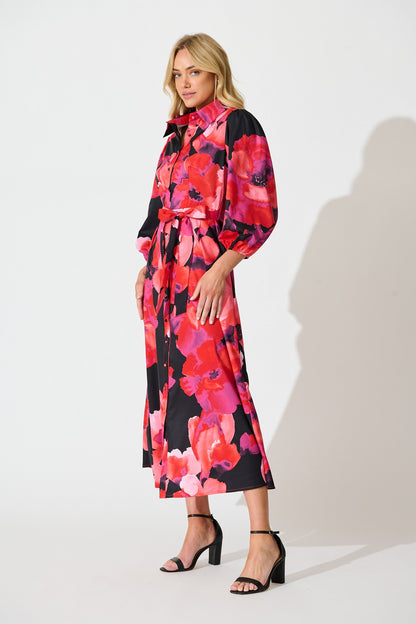 Gabi Maxi Shirt Dress In Black with Berry Watercolour Floral