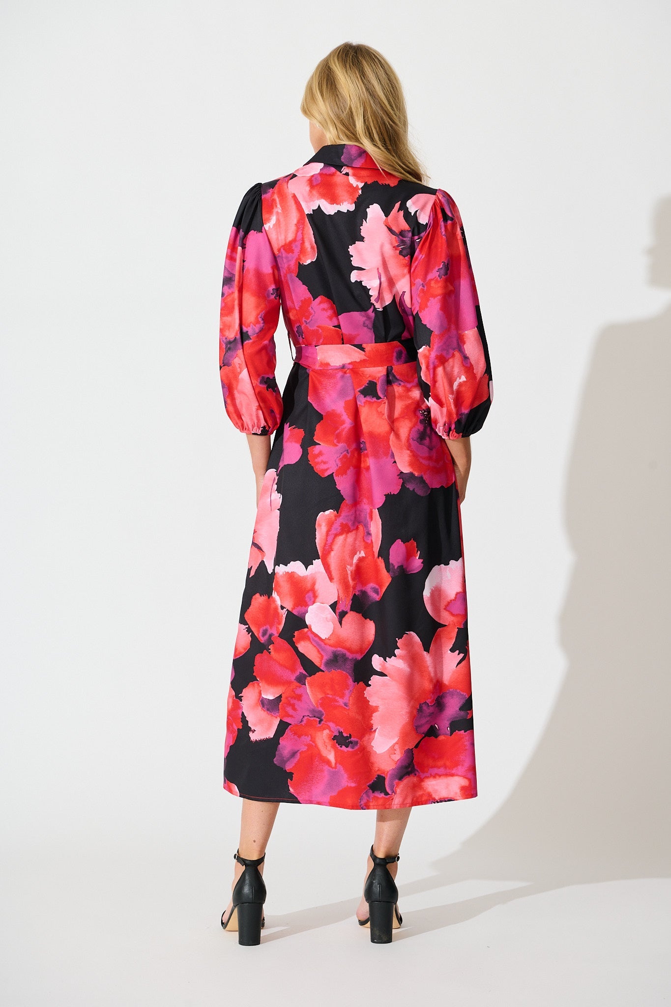 Gabi Maxi Shirt Dress In Black with Berry Watercolour Floral