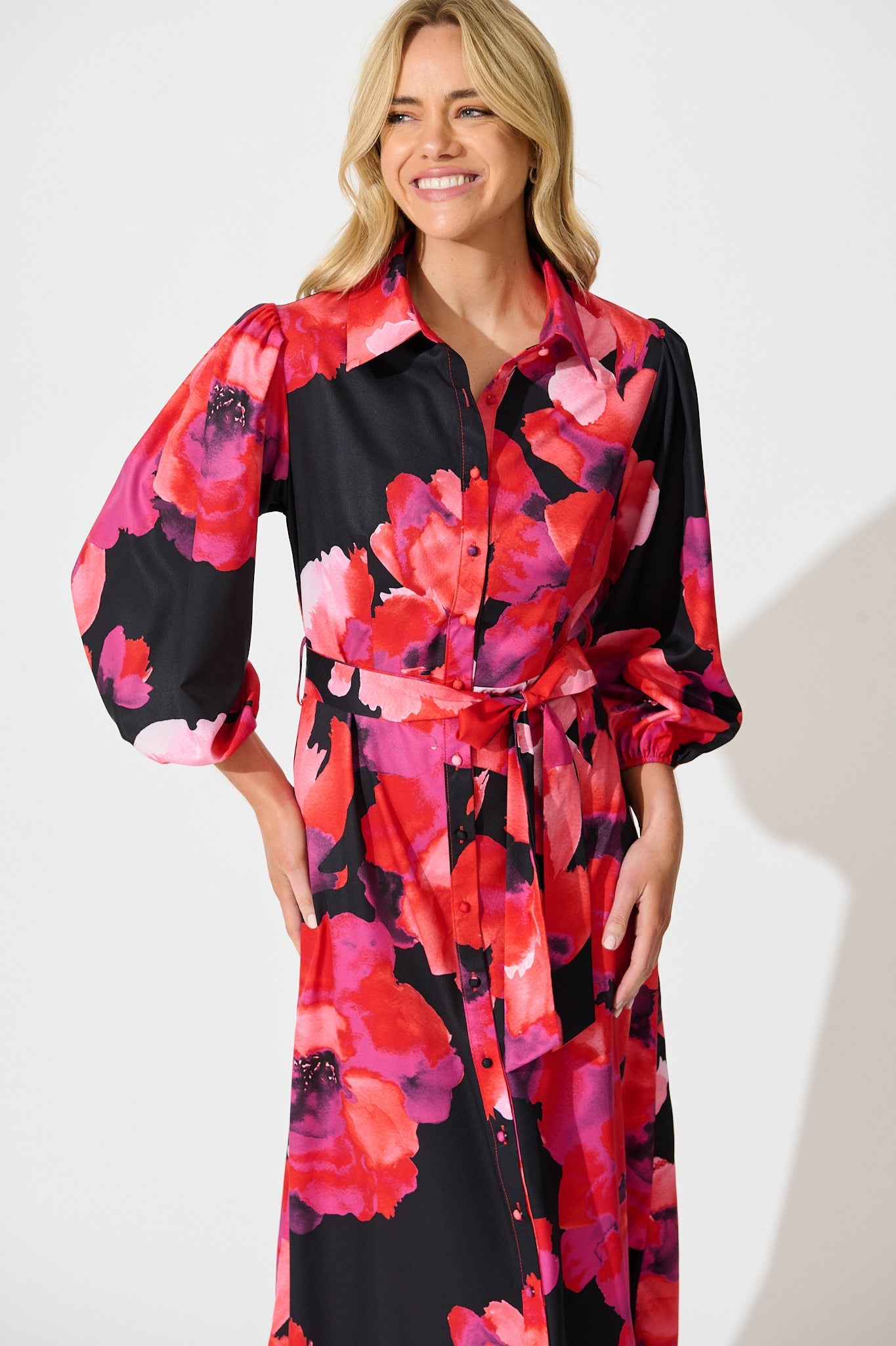 Gabi Maxi Shirt Dress In Black with Berry Watercolour Floral