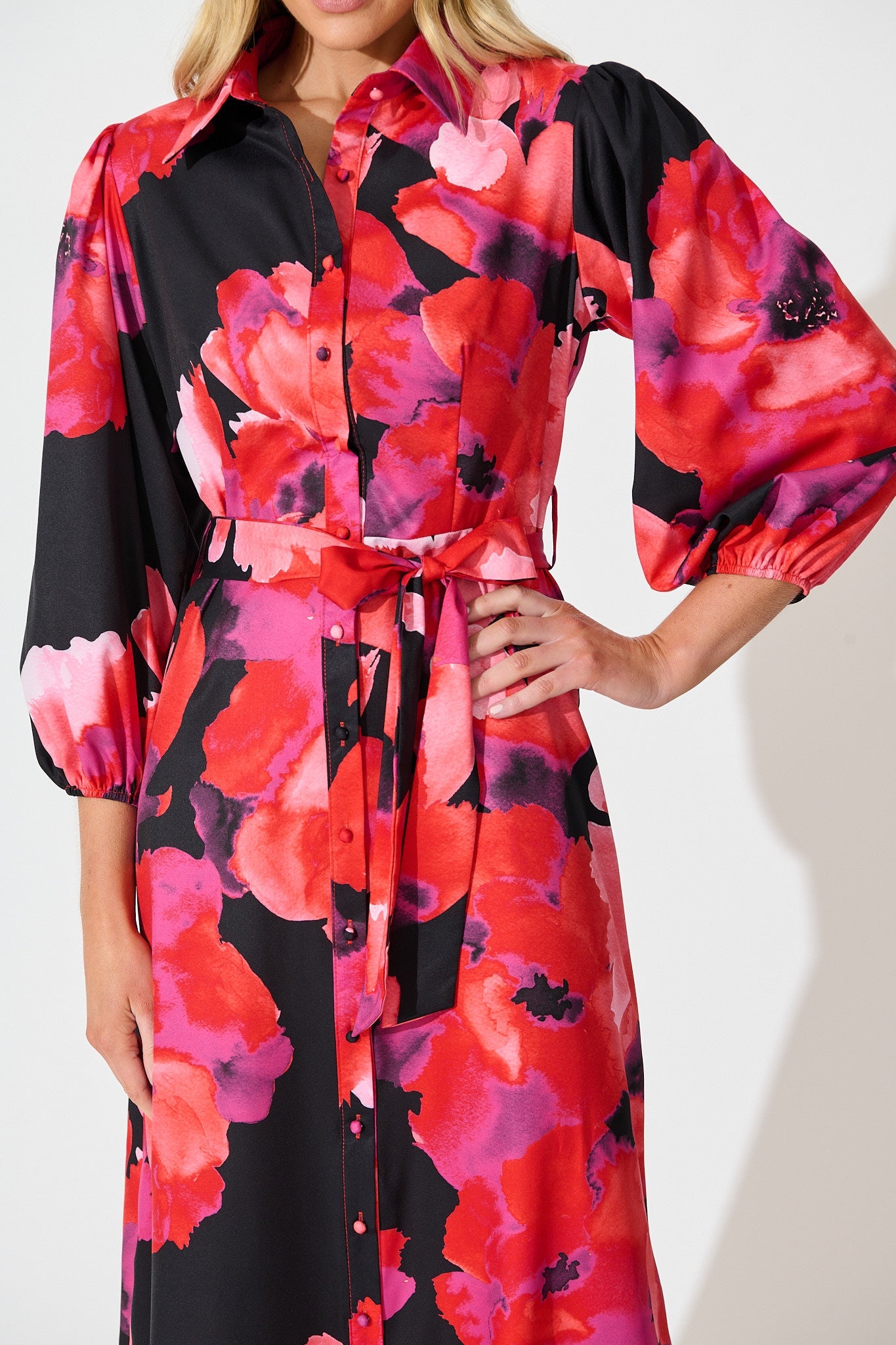 Gabi Maxi Shirt Dress In Black with Berry Watercolour Floral