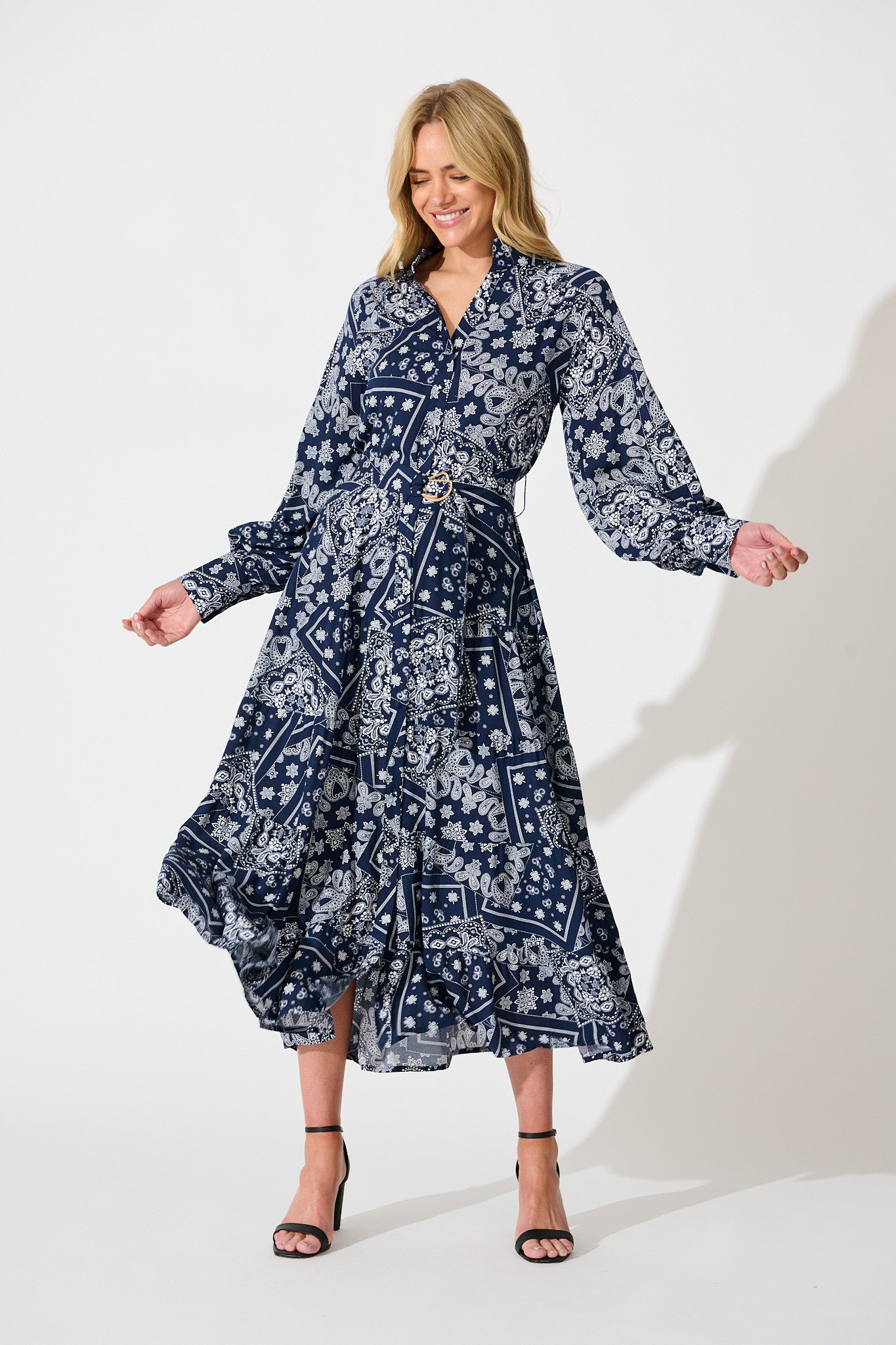 Stasia Maxi Dress in Navy with White Print