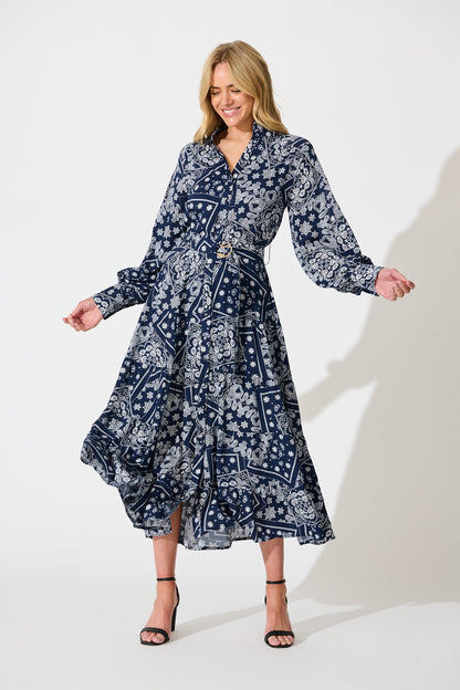 Stasia Maxi Dress in Navy with White Print