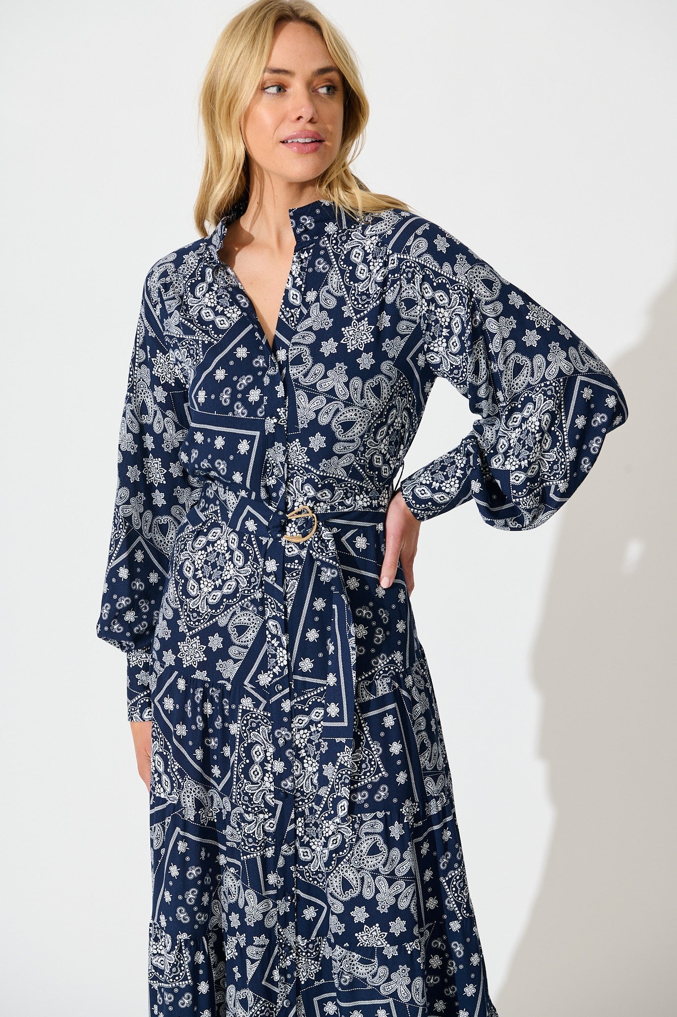 Stasia Maxi Dress in Navy with White Print