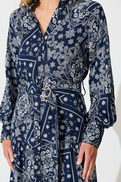 Stasia Maxi Dress in Navy with White Print