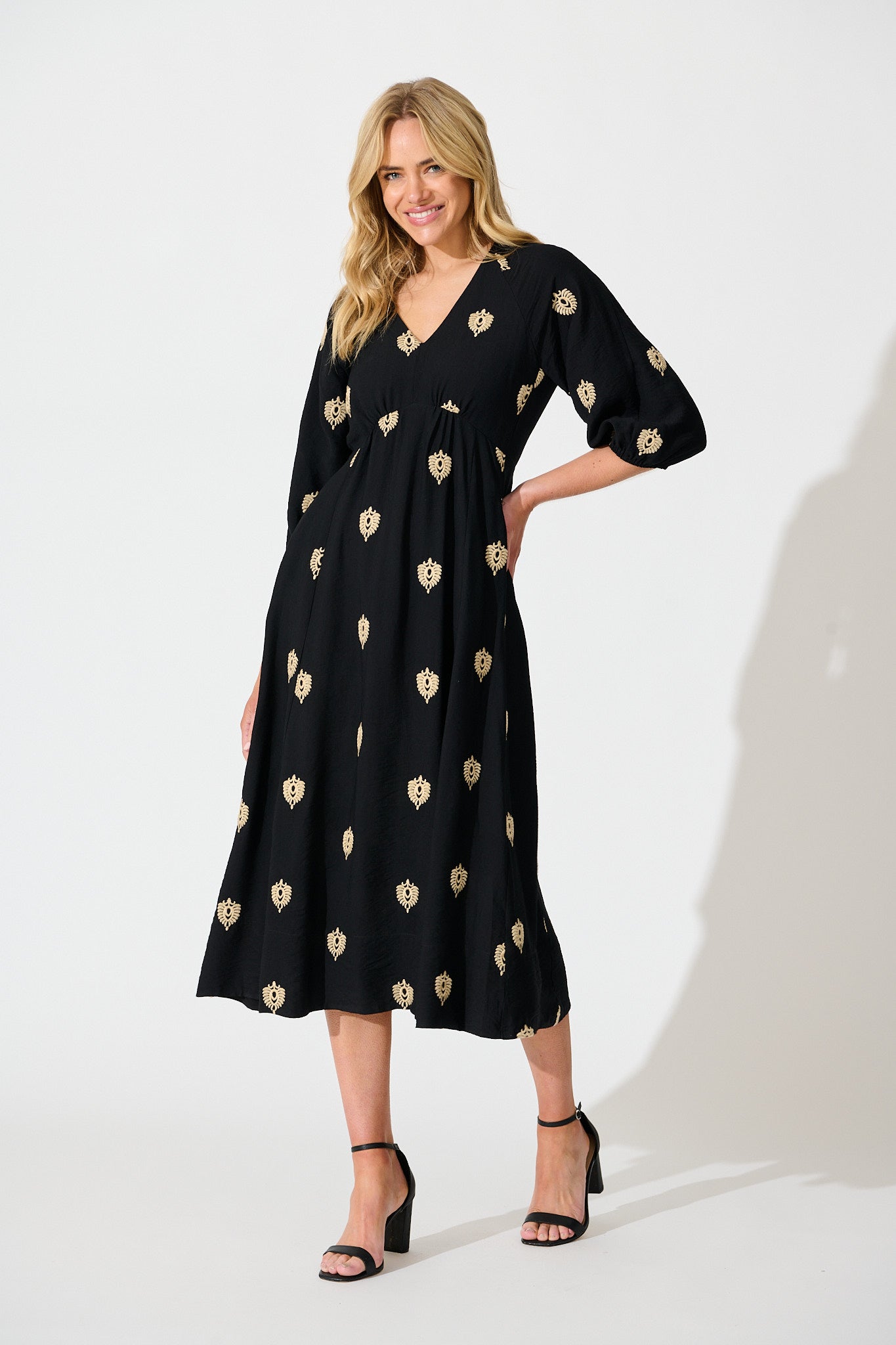 Janelle Midi Dress in Black Embroidery