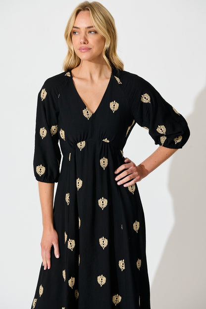 Janelle Midi Dress in Black Embroidery