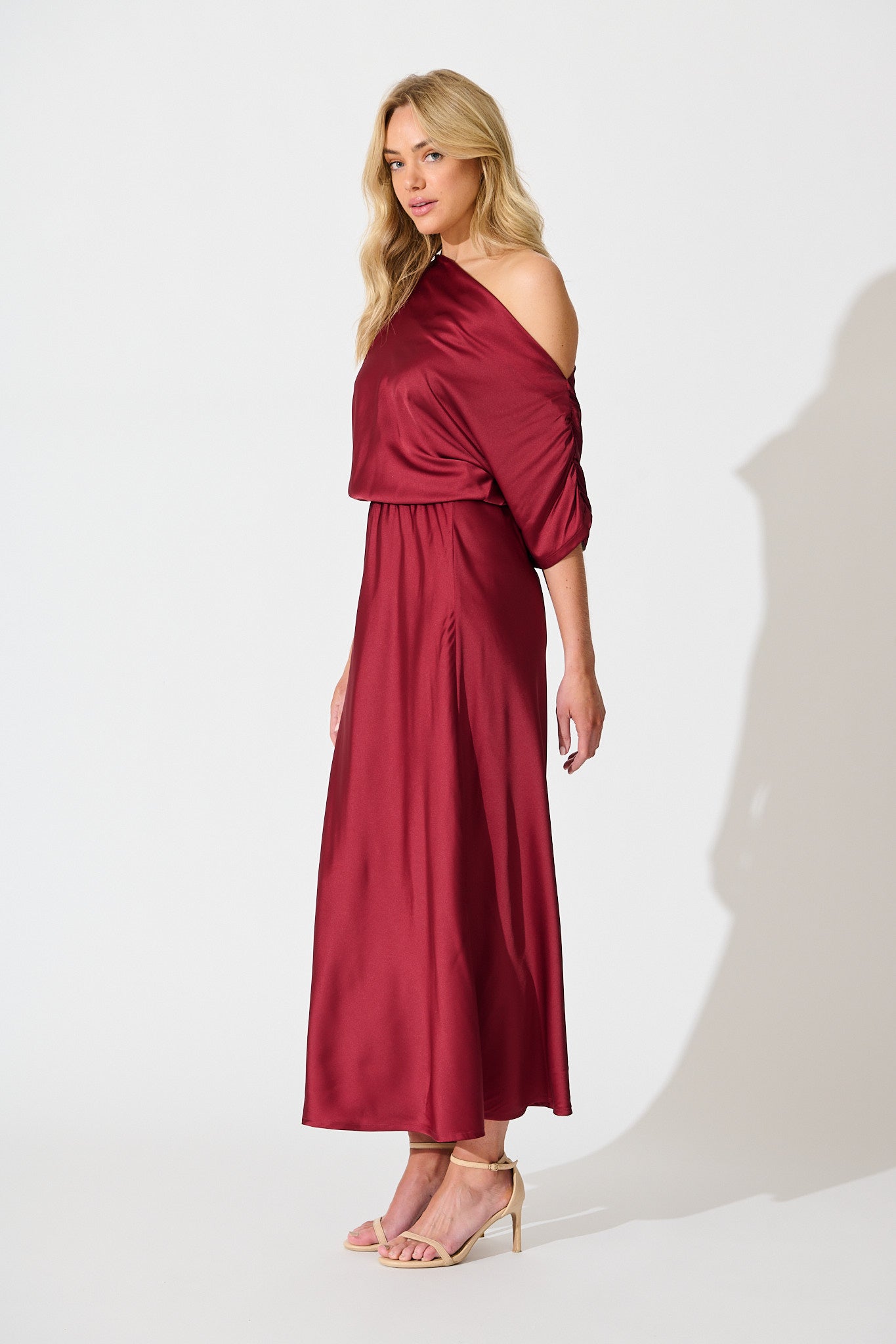 Sarita Maxi Off Shoulder Dress in Wine Satin