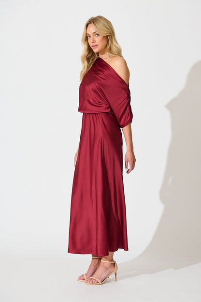 Sarita Maxi Off Shoulder Dress in Wine Satin