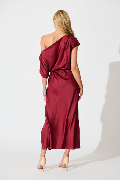 Sarita Maxi Off Shoulder Dress in Wine Satin