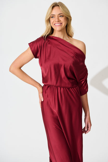Sarita Maxi Off Shoulder Dress in Wine Satin